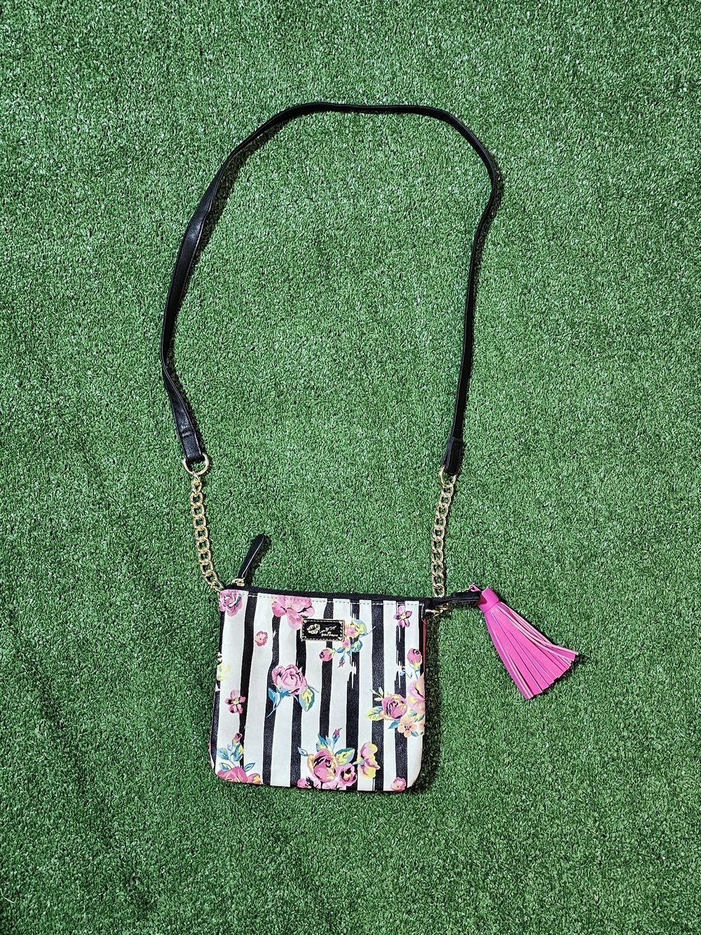 Betsey Johnson Black & White Striped Floral Crossbody with Pink Tassel